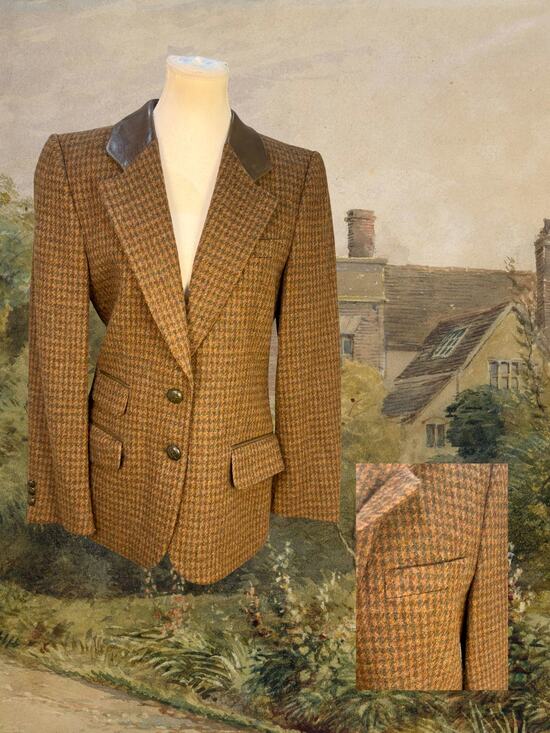 Escada Jackets & Blazers - Vintage 80s Escada Equestrian Leather-Trim Rust Brown Tweed Plaid Blazer 6/8